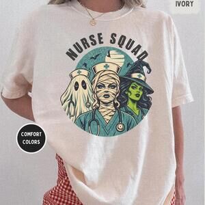Halloween Nurse Shirt, S Nurse Squad Tee, Retro Ghost Mummy Witch Graphic